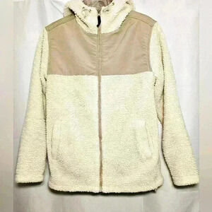 H&M Womens Faux Fluffy Fur Sherpa Teddy Cream Tan Zip Hooded Jacket Small